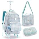 Kit Mochila Escolar Grande Juvenil 4 rodas 360 com estojo Box e Lancheira Térmica Haste Telescópica e Alças Costas