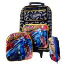 Kit Mochila Escolar Grande para Meninos Três Peças Bolsa Rodinhas Resistente com Lancheira e Estojo Combinando Hotwheels
