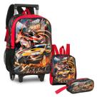 Kit Mochila Escolar Infantil de Rodinhas Masculina com Lancheira Térmica Estojo Original Clio Modelo Carros Material Escolar