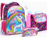 Kit Mochila Escolar Infantil Feminina Lancheira Estojo Garrafa Unicórnio Menina