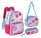 Kit Mochila Escolar Infantil + Lancheira + Estojo Holográfica Happy Cor:Prata