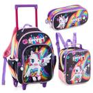 Kit Mochila Escolar Infantil Meninas Com Rodinhas Unicórnio Denlex