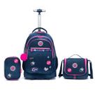 Kit Mochila Escolar Magic Azul Com Rodinhas Reforçada
