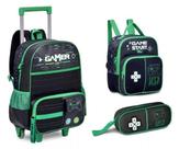 Kit Mochila Escolar Rodinha Gamer Lancheira Estojo Preto