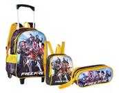 Kit Mochila Escolar Rodinhas com Lancheira e Estojo Jogo Free Fire Gamer