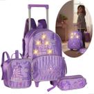 Kit Mochila Escolar Rodinhas Princesas Mágicas Feminina Lancheira Térmica Estojo Duplo Cetim