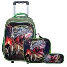 Kit Mochila Estojo Lancheira Dinossauro Raptor Rodinhas Escolar Verde Yins