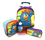 Kit Mochila Galinha Pintadinha Tam M Rodinhas + Lancheira Azul F5