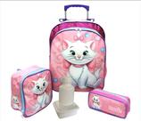 Kit Mochila Gatinha Marie Glitter Rodinhas Tam G Rosa F5 + Lancheira