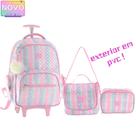 Kit Mochila Grande Com Rodas Estampa Arco Íris Candy Vertical Exterior em PVC Escolar Feminina