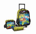 Kit Mochila Infantil Escolar com Rodinhas + Estojo e Lancheira Térmica Magic Kids Game