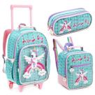 Kit Mochila Infantil Escolar Rodinha Denlex Lancheira e Estojo do Unicornio