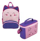 Kit Mochila Infantil Lancheira Dinossauro Verde ou Gato Unissex Escolar Resistente Volta às Aulas