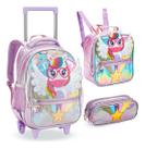 Kit Mochila Infantil Menina Rodinha Escolar Feminina Unicórnio 3D Holográfica Kit Lancheira Térmica e Estojo