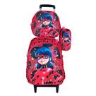 Kit Mochila Ladybug Miraculous em 3D Com Rodinhas + Lancheira Térmica + Estojo Escolar Infantil
