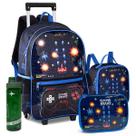 Kit Mochila Lancheira Estojo Gamer Video Game Reforçada Resistente com Luzes Pisca Carrinho Rodinha