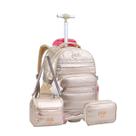 Kit Mochila Rodas Lorena Queiroz Metalizada Lancheira Estojo Cor:Dourado