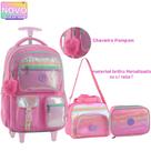 Kit Mochila Rodinha Colorido Metalizada Brilho Com Chaveiro Pompom Estojo Box Lancheira Térmica Esco