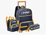 Kit Mochila Rodinha Escolar Gamer Lancheira Estojo Azul