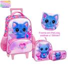Kit Mochila Rodinha Gato Pelúcia Orelhas Glitter Infantil Escolar 2026