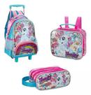 Kit Mochila Rodinha Unicórnio Lancheira Estojo Triplo