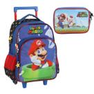 Kit Mochila Rodinhas Estojo Box Mario Bros Infantil Escolar Azul Luxcel