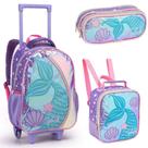 Kit Mochila Rodinhas Lancheira Estojo Duplo Menina Escolar Infantil Sereia Lilás Seanite