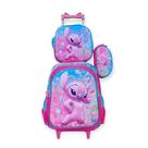 Kit Mochila Stitch Rosa em 3D com Rodinhas + Lancheira Térmica + Estojo Escolar
