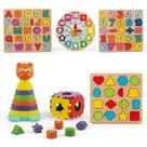 Kit Montessori 7 Brinquedos Educativos Infantis, Tabuleiros de Letras, Números e Formas Geométricas, Relógio Educativo, Torre e Cubo