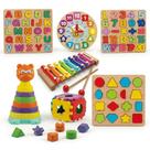 Kit Montessori 8 em 1 Brinquedos Educativos Infantis, Tabuleiros de Letras, Números e Formas Geométricas, Relógio Educativo, Torre e Cubo