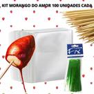 Kit morango do amor tiktok 100 folhas 18x18 + 100 espetos bambu + 100 fechos metalizado verdes