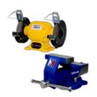 Kit Motoesmeril 150W ou 300W e Morsa Base 360 Menegotti Rebolo 5, 6 Pol Ferro Nodular Abertura 125, 200mm Bancada Serralheria Afiação Desbaste Oficina