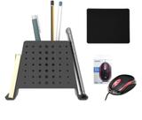 Kit Mouse com Led + Organizador de mesa porta canetas + Mouse Pad Preto