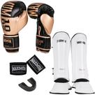 Kit muay thai luva intermediária gold + caneleira classic white + bandagem + bucal - maximum
