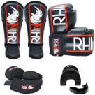 Kit Muaythai Rhino 14oz - Luva Boxe + Caneleira + Bandagem + Bucal
