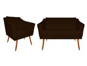 Kit Namoradeira + 1 Poltrona Decorativa Agatha Couro Marrom Pés Madeira Mz Decor