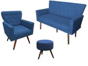 Kit Namoradeira + 1 Poltrona Decorativa Aurora + Puff Redondo Suede Azul Marinho Pés Madeira Ms Decor Kit Namoradeira + 1 Poltrona Decorativa Aurora + Puff Redondo Suede Azul Marinho Pés Madeira Ms Decor