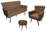 Kit Namoradeira + 1 Poltrona Decorativa Aurora + Puff Redondo Suede Marrom Pés Madeira Ms Decor