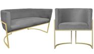 Kit Namoradeira + 1 Poltrona Decorativa Luana Suede Cinza Base Dourada Ms Decor