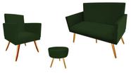 Kit Namoradeira + 1 Poltrona Decorativa Nina + Puff Redondo Suede Verde Pés Madeira Mz Decor