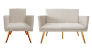 Kit Namoradeira + 1 Poltrona Decorativa Nina Suede Bege Pés Madeira Ms Decor