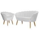 Kit Namoradeira + 1 Poltrona Decorativa Pétala Couro Branco Pés Madeira Ms Decor