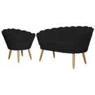 Kit Namoradeira + 1 Poltrona Decorativa Pétala Couro Preto Pés Madeira Ms Decor
