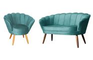 Kit Namoradeira + 1 Poltrona Decorativa Pétala Veludo Azul Turquesa Pés Madeira Ms Decor
