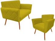 Kit Namoradeira + 1 Poltrona Decorativa Sabrina Couro Amarelo Pés Madeira Ms Decor