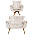 Kit Namoradeira 2 Lugares e 1 Poltrona Decorativa Giratória Madeira Opla Suede Bege - Ibiza
