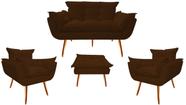 Kit Namoradeira + 2 Poltronas + 1 Puff Decorativo Opala Suede Marrom Pés Madeira Mz Decor