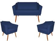 Kit Namoradeira + 2 Poltronas Decorativa Agatha Suede Azul Marinho Pés Madeira Mz Decor