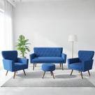 Kit Namoradeira + 2 Poltronas Decorativa Aurora + Puff Redondo Suede Azul Marinho Pés Madeira Ms Decor