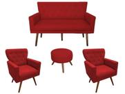 Kit Namoradeira + 2 Poltronas Decorativa Aurora + Puff Redondo Suede Vermelho Pés Madeira Ms Decor